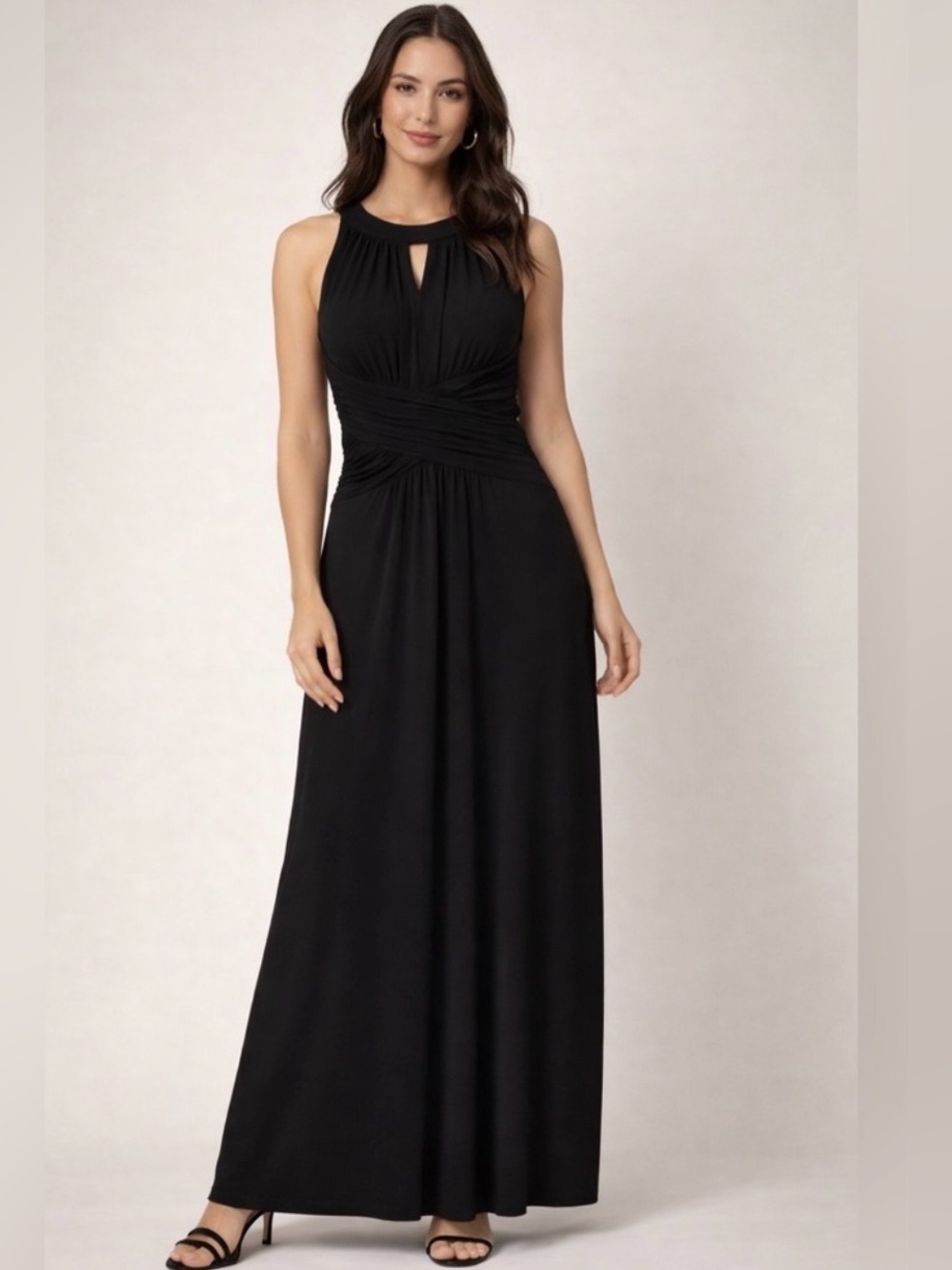 SLNY black sleeveless maxi dress high pleated neckline gathered ruched waist 14